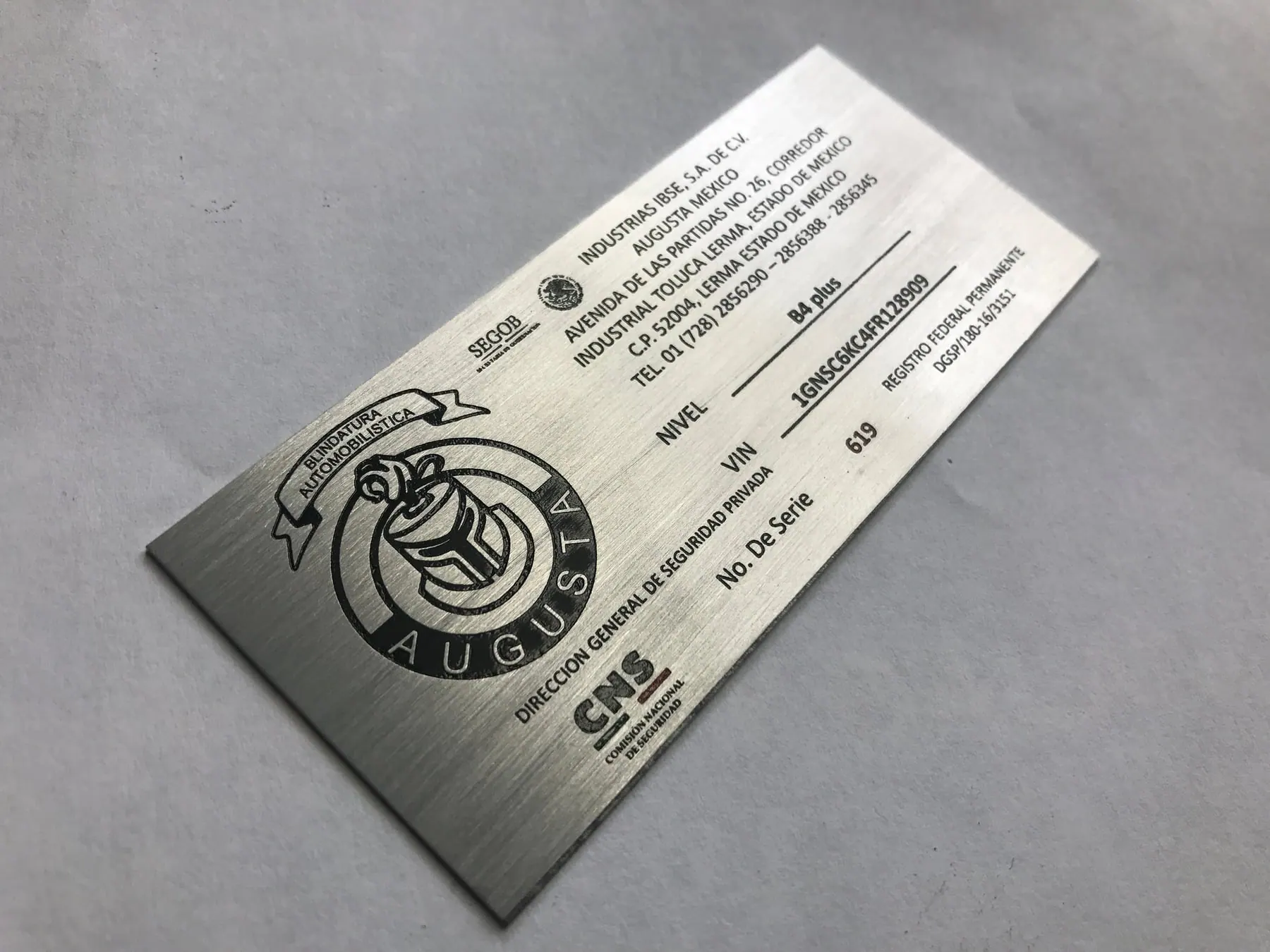 Placa de datos de metal cepillado con logotipo, número de serie y campos grabados