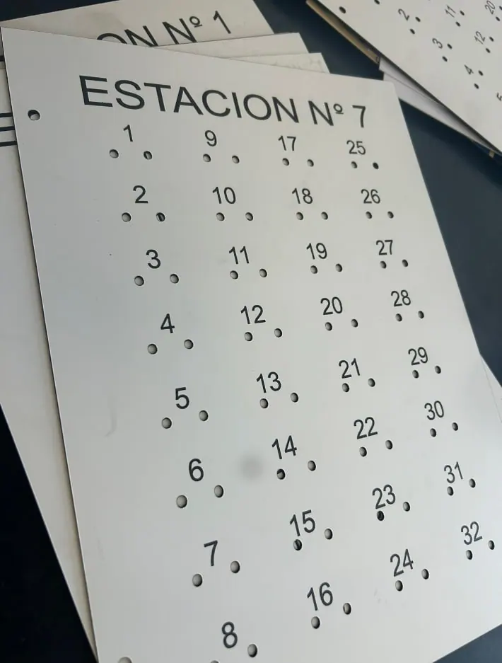 Placa blanca de estación con numeración y perforaciones