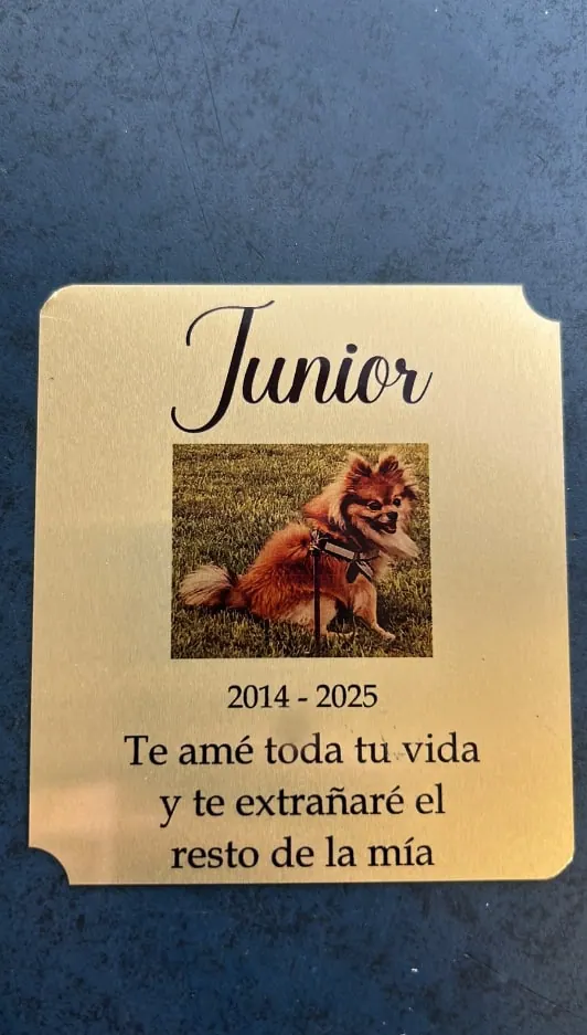 Placa conmemorativa de una mascota con fotografía a color