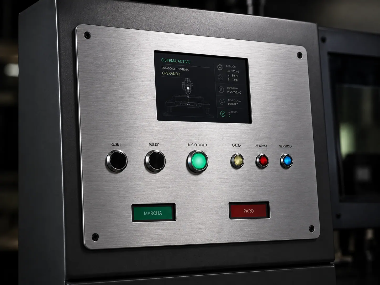 Panel de control terminado con pantalla y botonera, instalado y operando en una máquina